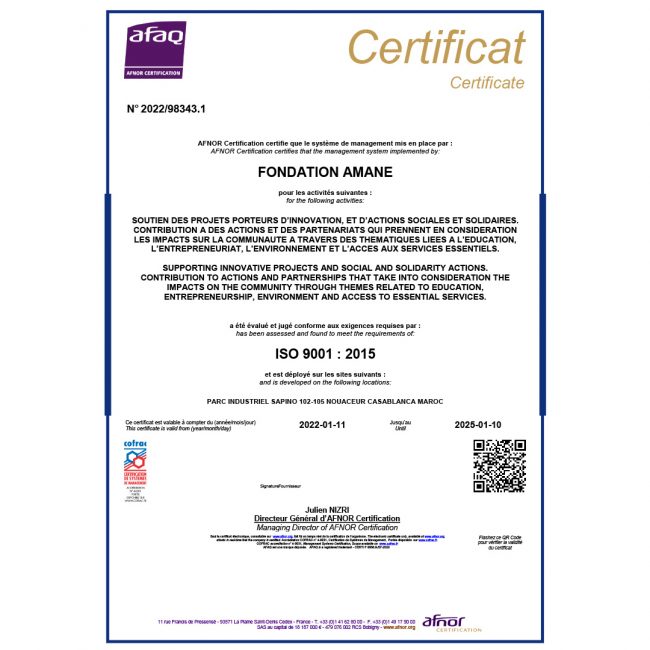 fondation amane certification iso 9001 certification iso 9001